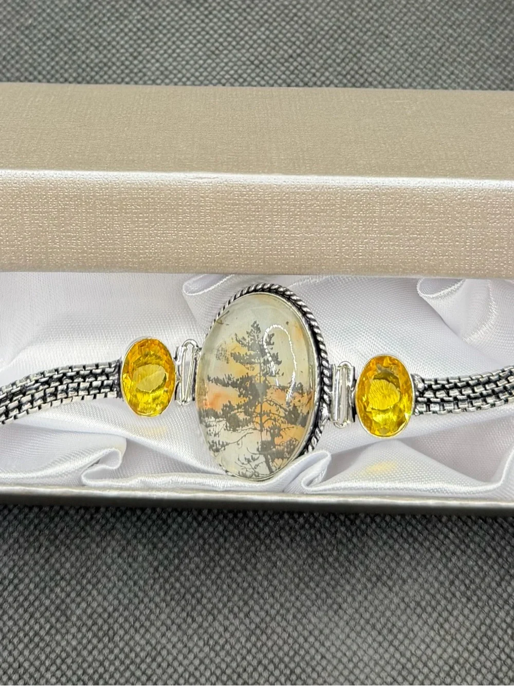 One of a kind Sterling Silver Dendrite Picture Opal and Citrine Bracelet